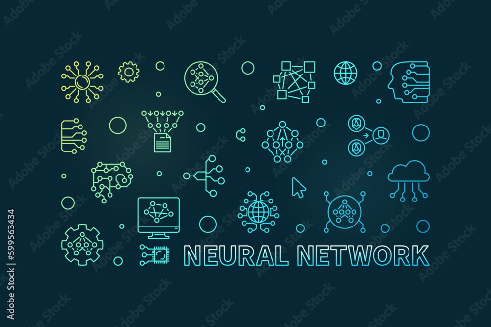 Neural Network line horizontal colored banner - vector AI Technology linear illustration
