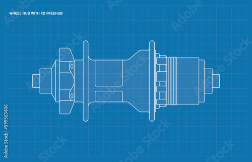 Vector blueprint bicycle hub with freehub XD body. Isolated on white background.