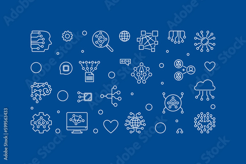 Neural Network concept outline horizontal banner. Vector Future Technology illustration