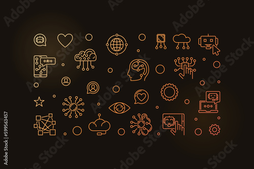 Neural Network and AI Technology line colorful horizontal banner - vector Tech linear illustration