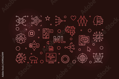 ML concept horizontal vector colored line banner. Machine Learning creative illustration
