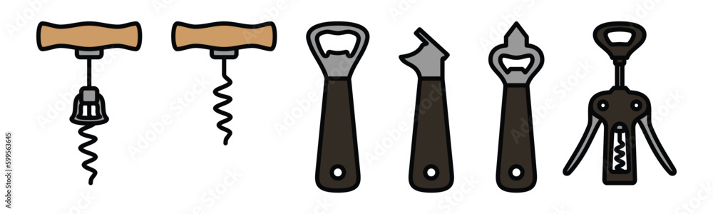 Bottle opener icon vector set. Corkscrew icons in color style with editable stroke on white background. Beer and brewing sign and symbol. Vector illustration Bottle opener icon vector set. Corkscrew icons in color style with editable stroke on white background. Beer and brewing sign and symbol. Vector illustration