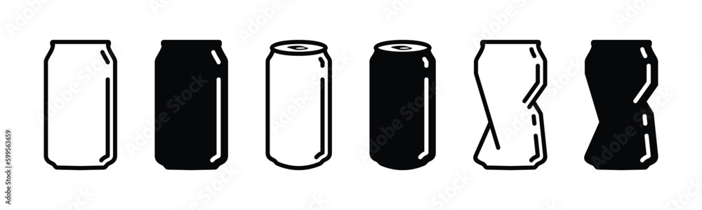 Soda can icon vector in thin line and flat style with editable stroke on white background. Dented soda cans icons set. Beverage, beer and brewing sign and symbol. Vector illustration - obrazy, fototapety, plakaty 