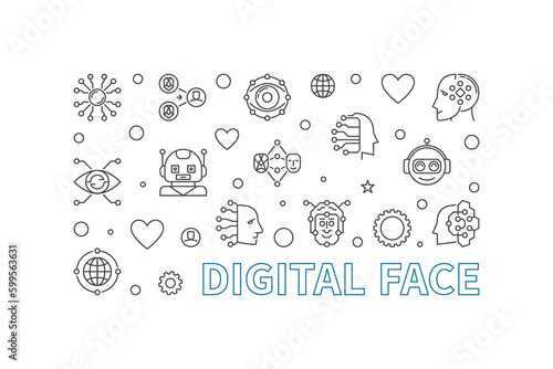 Digital Face line horizontal vector banner. AI Bot Technology illustration