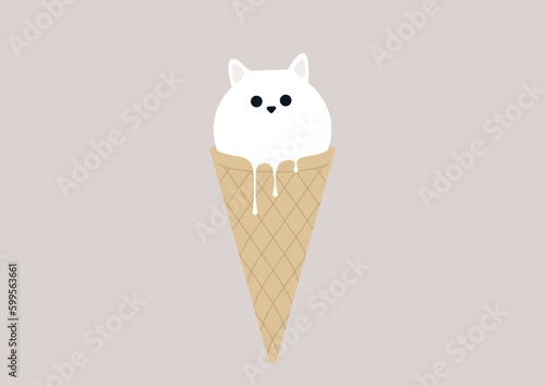 A melting ice cream in a waffle cone shaped as a cat head with ears and eyes, a gelato dessert