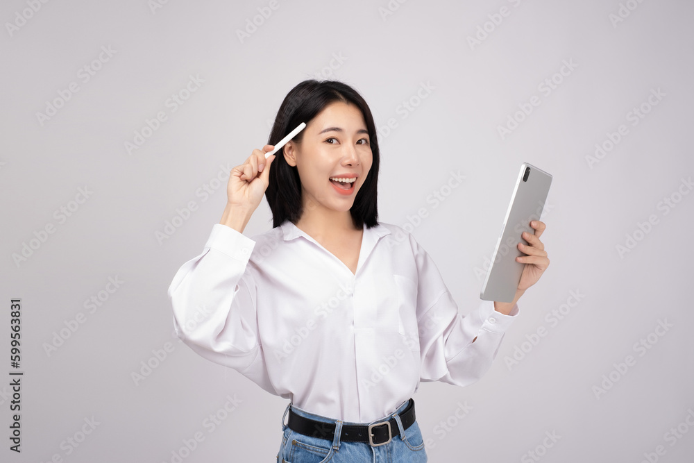 Portrait smile confident asian business woman holding digital tablet on white background Portrait smile confident asian business woman holding digital tablet on white background