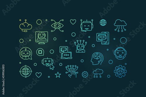 Chatbot thin line horizontal vector modern banner. Chatterbot Software linear colorful illustration