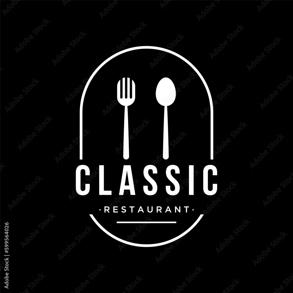 Fototapeta premium Retro restaurant emblem.Logo design cutlery template and hand drawn vintage style restaurant typography.