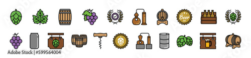 Beer icons vector set. Hop, grape, barrel, distillery, corkscrew, certified, signboard, rack and bottle cap, oil drum, factory, soda can, wheat wreath icon for apps and websites, symbol illustration