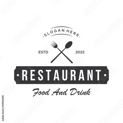 Retro restaurant emblem.Logo design cutlery template and hand drawn vintage style restaurant typography.