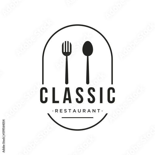 Retro restaurant emblem.Logo design cutlery template and hand drawn vintage style restaurant typography.