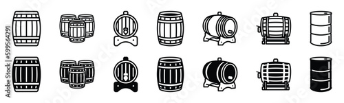 Barrel icon vector set. Wooden keg or Oil drum container icons in thin line and flat style with editable stroke on white background. Beer and brewing sign and symbol. Vector illustration
