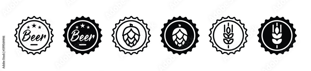 Beer bottle cap icon with wheat or grain, and hop symbol vector in thin line and flat style with editable stroke on white background. Vector illustration Beer bottle cap icon with wheat or grain, and hop symbol vector in thin line and flat style with editable stroke on white background. Vector illustration