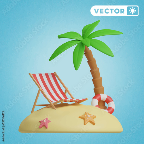 beach chair and rubber ring on the beach 3D vector icon set, on a blue background