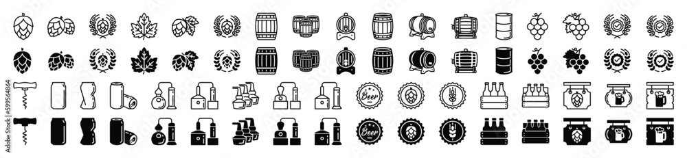 Beer icons vector set. Hop, grape, barrel, distillery, corkscrew, certified, signboard, rack and bottle cap, oil drum, factory, soda can, wheat wreath icon for apps and websites, symbol illustration - obrazy, fototapety, plakaty 