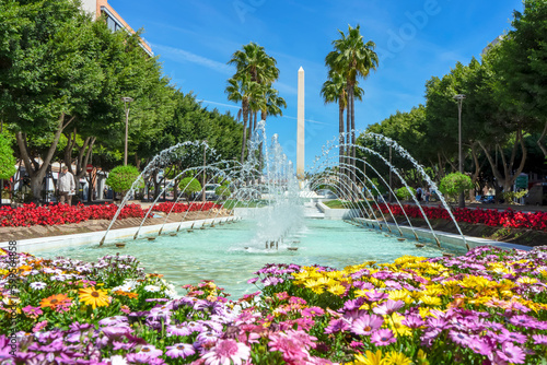 Peaceful fountains on Rambla street in Almeria, Spain on March 19, 2023
