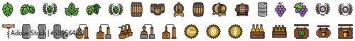 Beer icons vector set. Hop, grape, barrel, distillery, corkscrew, certified, signboard, rack and bottle cap, oil drum, factory, soda can, wheat wreath icon for apps and websites, symbol illustration