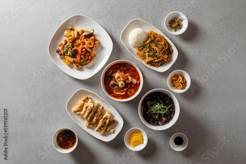 Sweet and sour pork Korean food dish meal Rice with Stir-fried Glass Noodles and Vegetables Stir-fried Seafood and Vegetables Spicy Seafood Noodle Soup