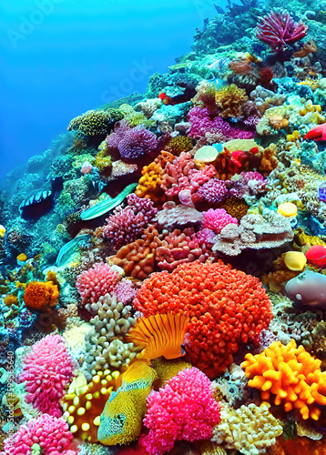 Coral reef underwater illustration, beautiful undersea coral reef background. Generative Ai.