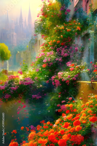 Atmospheric old town with many flowers oil painting, nostalgic beautiful art illustration. Generative Ai.