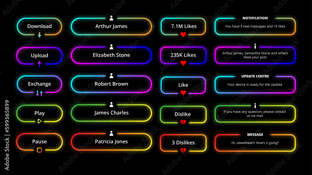 20 Neon Gradient Buttons in bright neon colors. Download, upload, exchange, play and pause buttons; like and dislike counters; lower thirds with avatars and nicknames; update, message. 20 Neon Gradient Buttons in bright neon colors. Download, upload, exchange, play and pause buttons; like and dislike counters; lower thirds with avatars and nicknames; update, message.