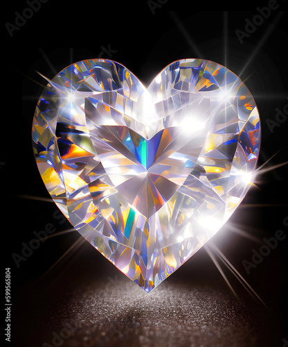 Diamond isolated on black  beautiful sparkling transparent heart shaped diamond gemstone. Generative Ai.