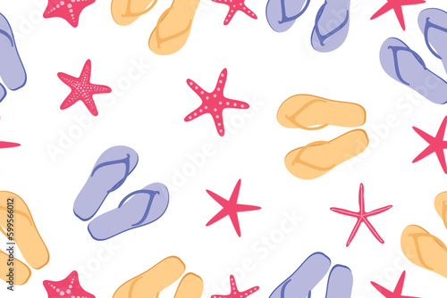 Seamless pattern with contour shale and starfish. Ornament for textile and wrapping. Vector summer background.