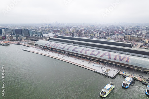 Photography Amsterdam cityscape top view on a cloudy day