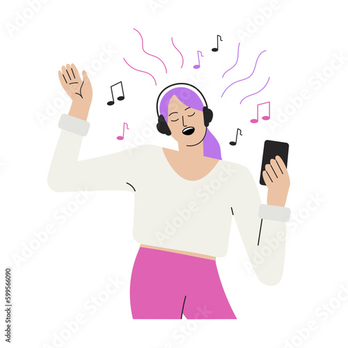 Headphone girl listens to music on smartphone.Flat hand-drawn cartoon character.Young woman is enjoying melody playlist online.Contented happy,cheerful female in good mood.Isolated.Vector illustration
