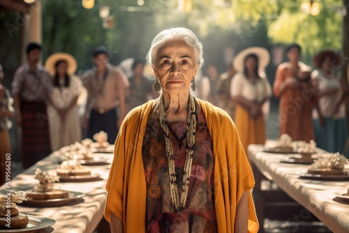 European old lady portrait standing at the of table during outdoors family celebration. Generative AI © Pajaros Volando