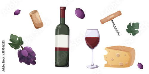 wine bottle, wine glass, cork, corkscrew, grapes, leaves. set of illustrations sommelier in cartoon style. vector.