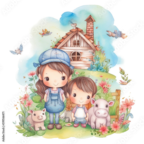 Cute kids on the farm Watercolor Png Art For Sublimation Design, Generative AI