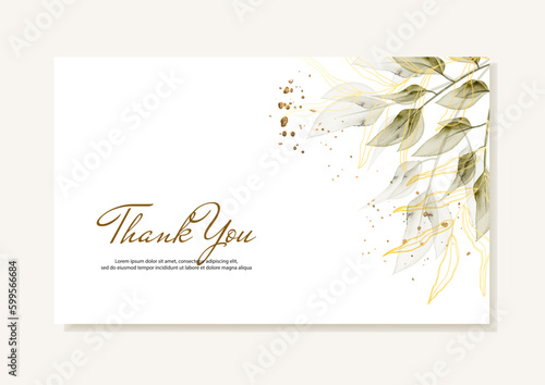 Thank you card with vector watercolor green leaves and golden branches. Vector template.