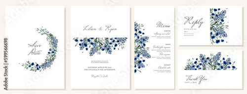 Wedding invitations, menu and thank you cards with hand-drawn watercolor summer wild blue flowers. Vector templates
