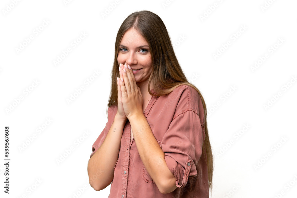 Young beautiful blonde woman over isolated background keeps palm together. Person asks for something Young beautiful blonde woman over isolated background keeps palm together. Person asks for something