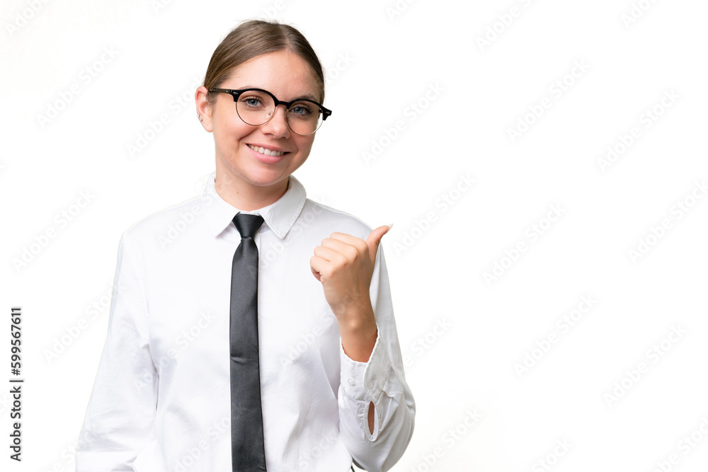 Young business caucasian woman over isolated background pointing to the side to present a product Young business caucasian woman over isolated background pointing to the side to present a product