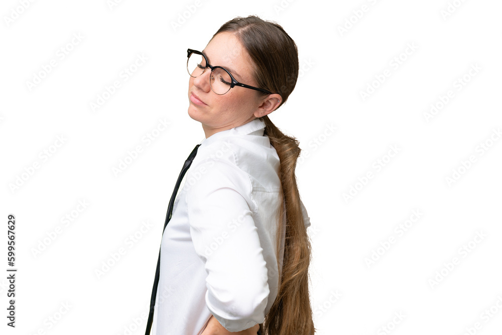 Young business caucasian woman over isolated background suffering from backache for having made an effort Young business caucasian woman over isolated background suffering from backache for having made an effort