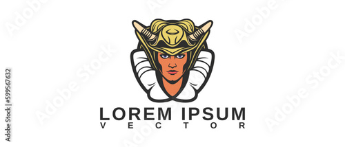 Vector portrait of a metrosexual in a strange headdress with horns and a light frill. Inscription, lorem ipsum. White isolated background.