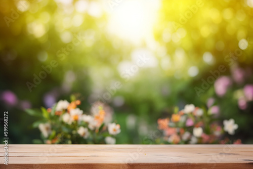 Empty wooden table with spring flowers and butterflies and sunny garden  background with ai generated © ImaginaryInspiration