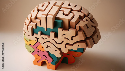 wood puzzle in brain shape created with Generative AI technology