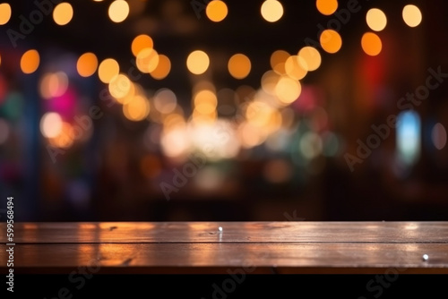 Empty wooden table in front of the restaurant neon lights blurred the bokeh background