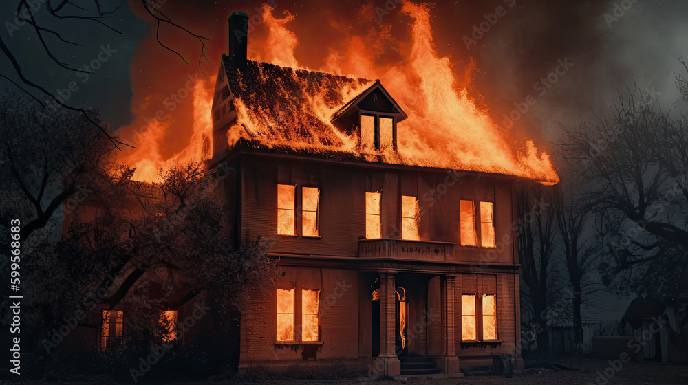 house on fire, burning house created with Generative AI technology