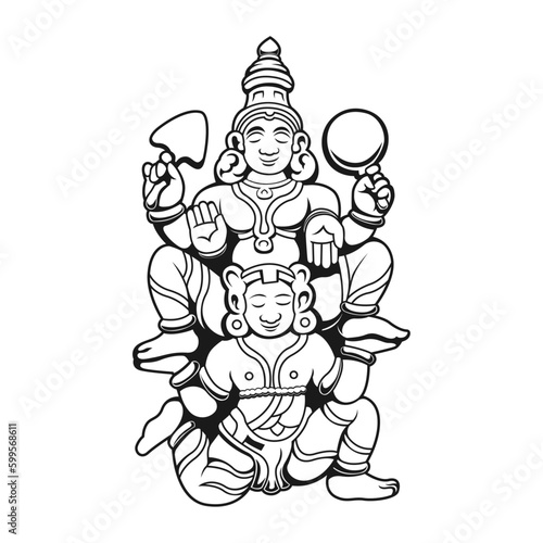 A black and white illustration of a hindu god sitting on an other god