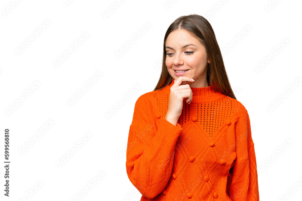 Young blonde woman over isolated chroma key background looking to the side and smiling Young blonde woman over isolated chroma key background looking to the side and smiling
