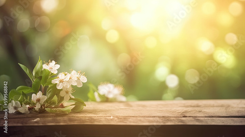 Blossoms On Wooden Table In Green Garden