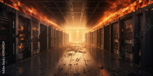 Burning data server room created with Generative AI technology