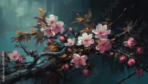 a painting of pink flowers on tree branches  Generative Ai