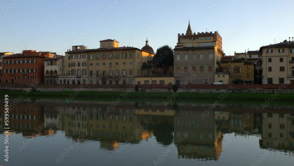 Florence. Tuscany. Italy 03-12-2023. View of Lungarno di Pisa at sunset. Arno river. Video 4K Florence. Tuscany. Italy 03-12-2023. View of Lungarno di Pisa at sunset. Arno river. Video 4K