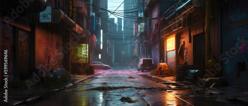 view of a grimy cyberpunk city street  generative ai