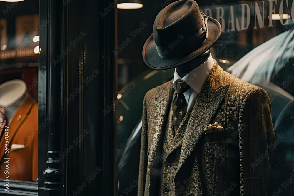 An elegant men's suit on the showcase of a men's store. Generative AI.